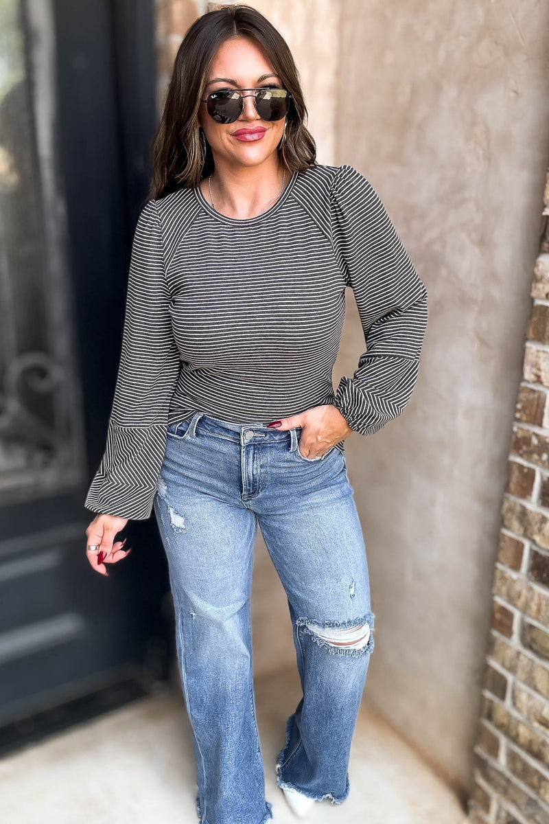 Charcoal Round Neck Bubble Long Sleeve Striped Top