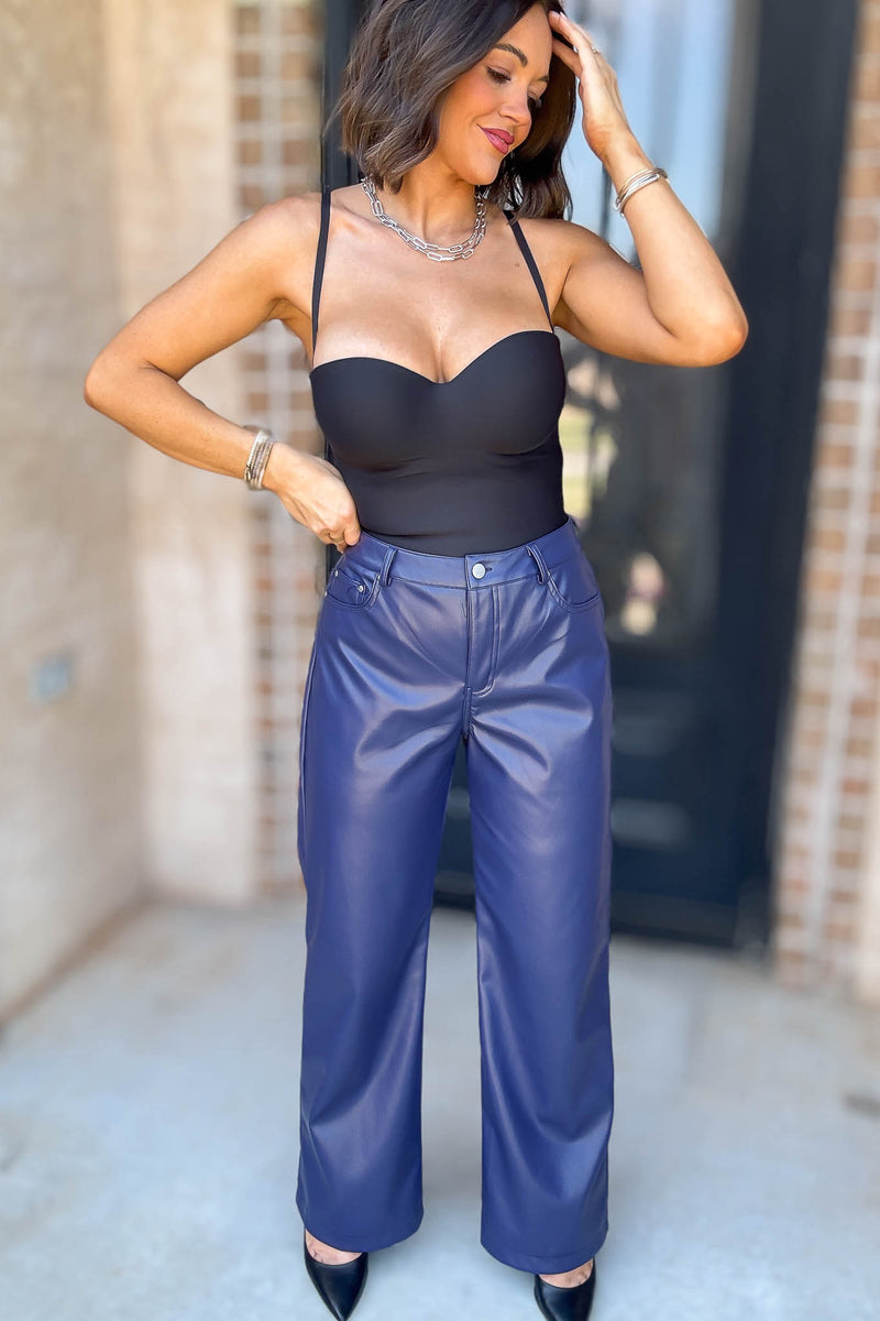 Le Lis Blue High Waist Faux Leather Long Pants