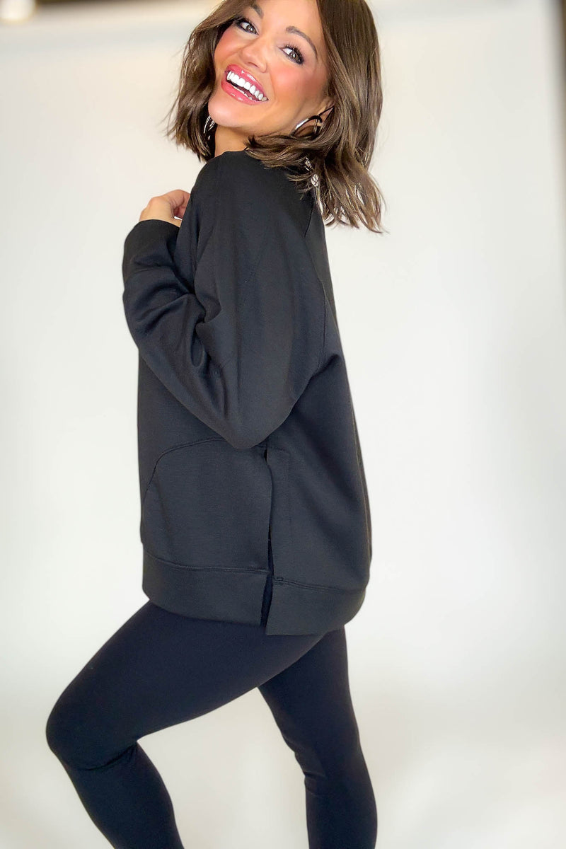 Black Scuba Round Neck Pullover With Side Slits