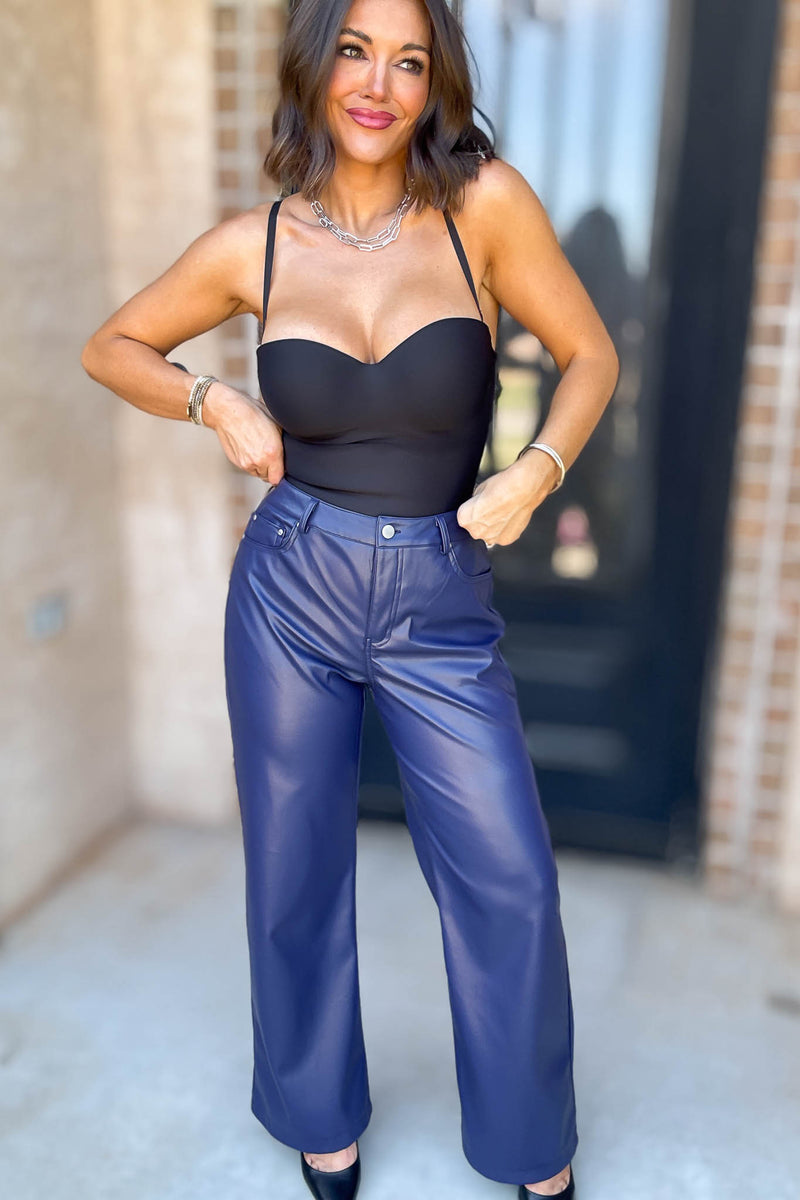 Le Lis Blue High Waist Faux Leather Long Pants