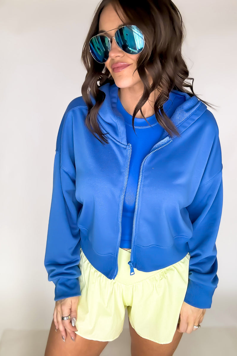 French Terry Active Electric Blue Cropped Zip Up Hoodie