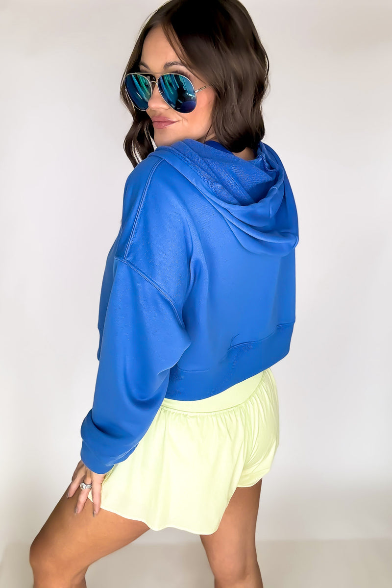 French Terry Active Electric Blue Cropped Zip Up Hoodie