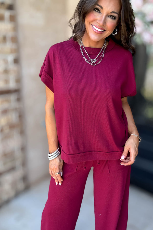 Retreat Cabernet Ribbed Short Sleeve Top