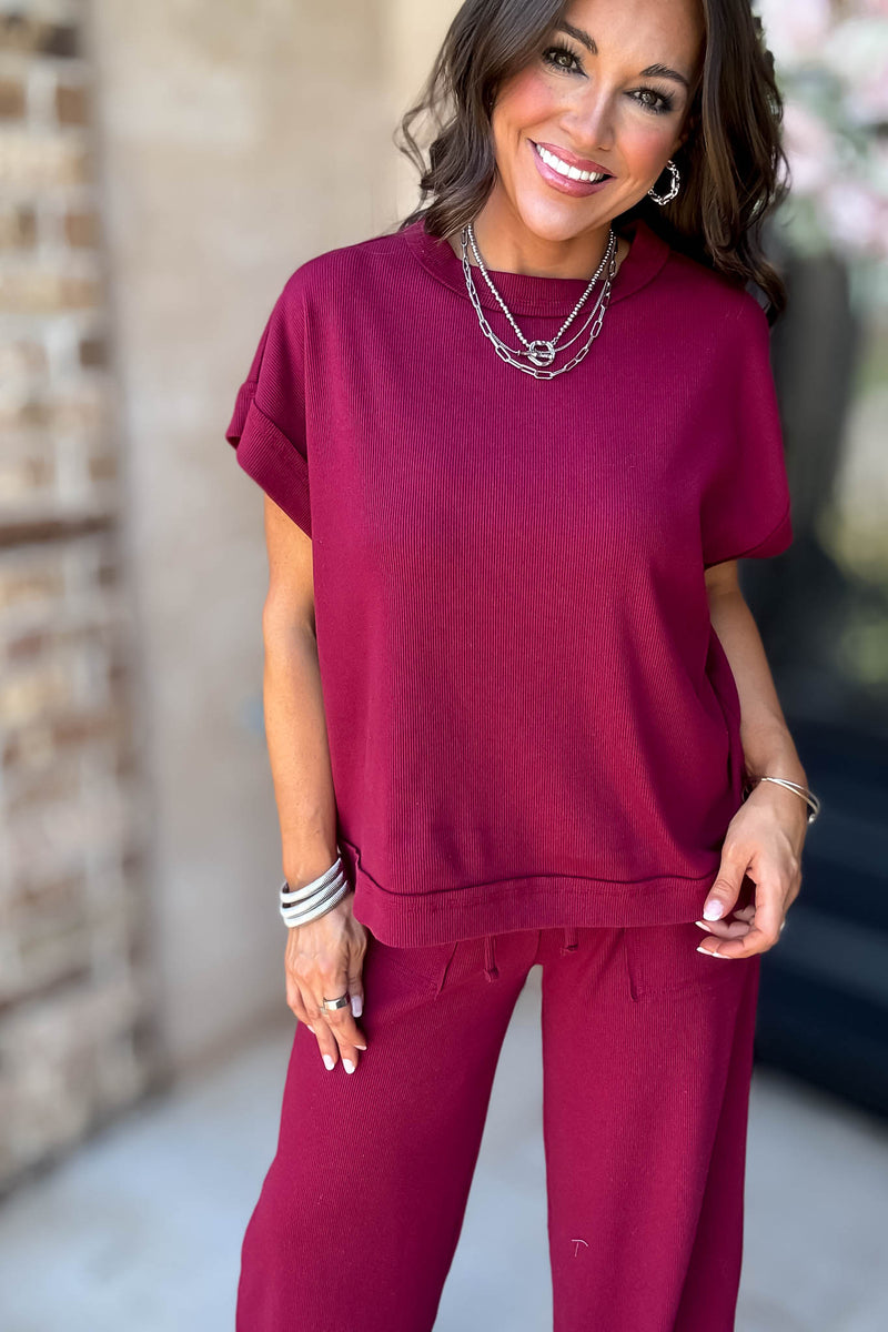 Retreat Cabernet Ribbed Short Sleeve Top