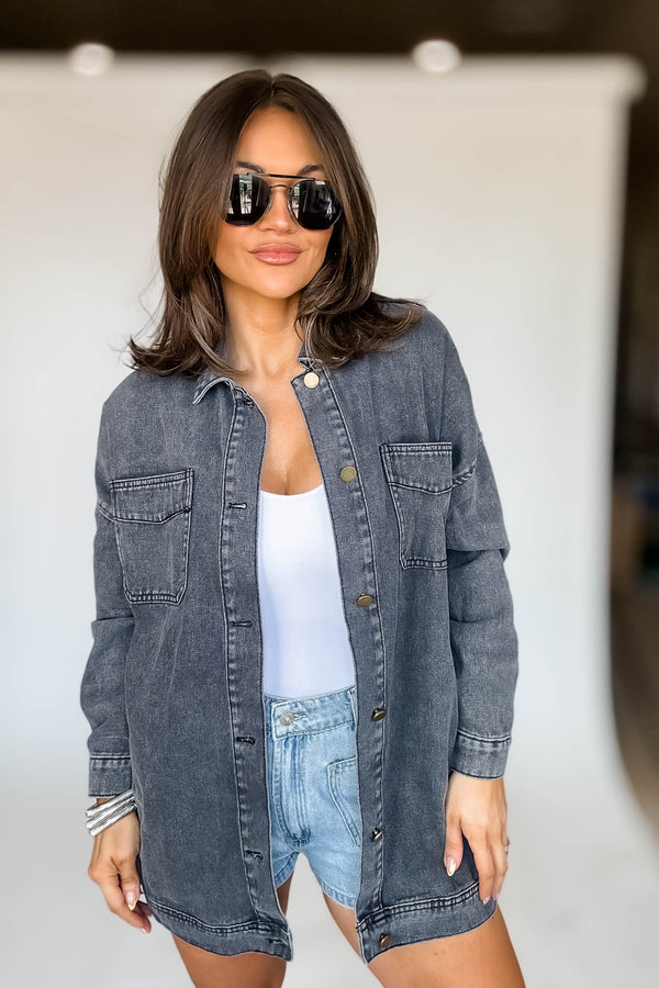 BLACK LONG SLEEVE BUTTON CLOSURE POCKETS DENIM JACKET