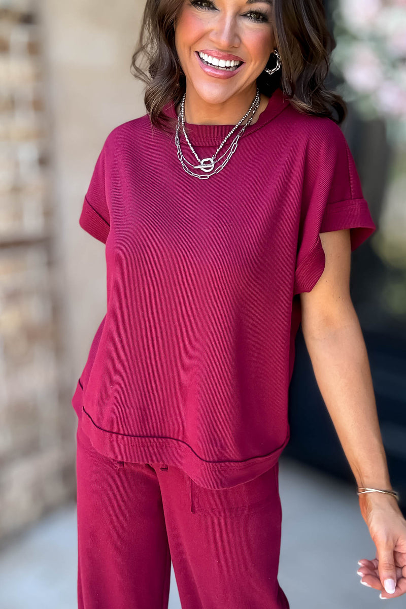 Retreat Cabernet Ribbed Short Sleeve Top