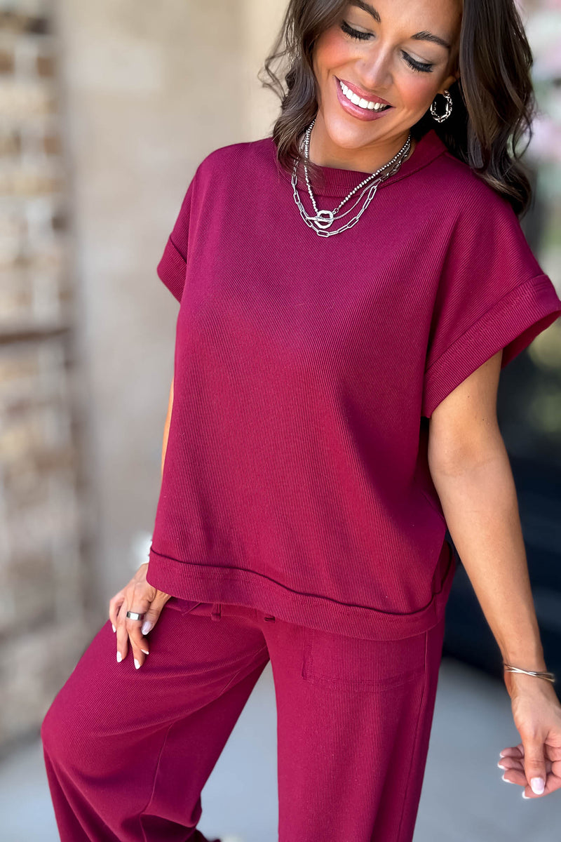 Retreat Cabernet Ribbed Short Sleeve Top
