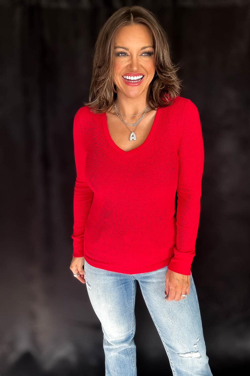 Long Sleeve Red V-Neck Thermal Top