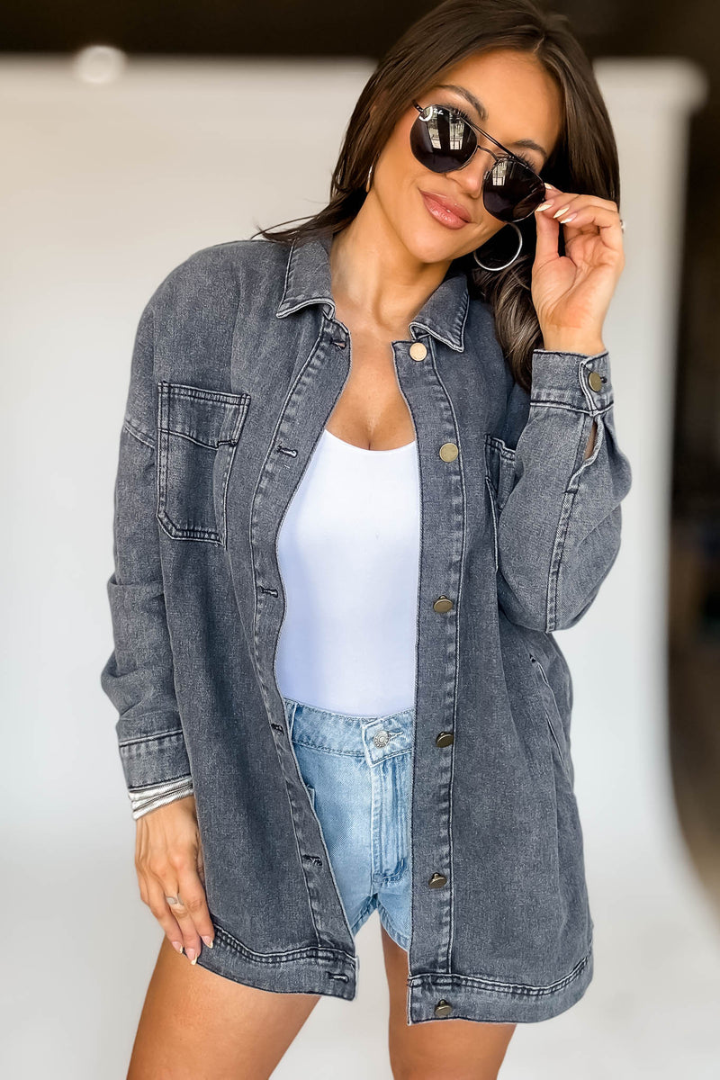 BLACK LONG SLEEVE BUTTON CLOSURE POCKETS DENIM JACKET