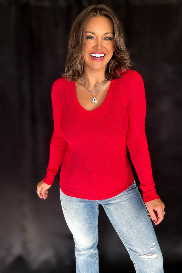 Long Sleeve Red V-Neck Thermal Top