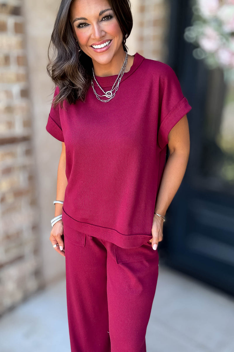 Retreat Cabernet Ribbed Short Sleeve Top