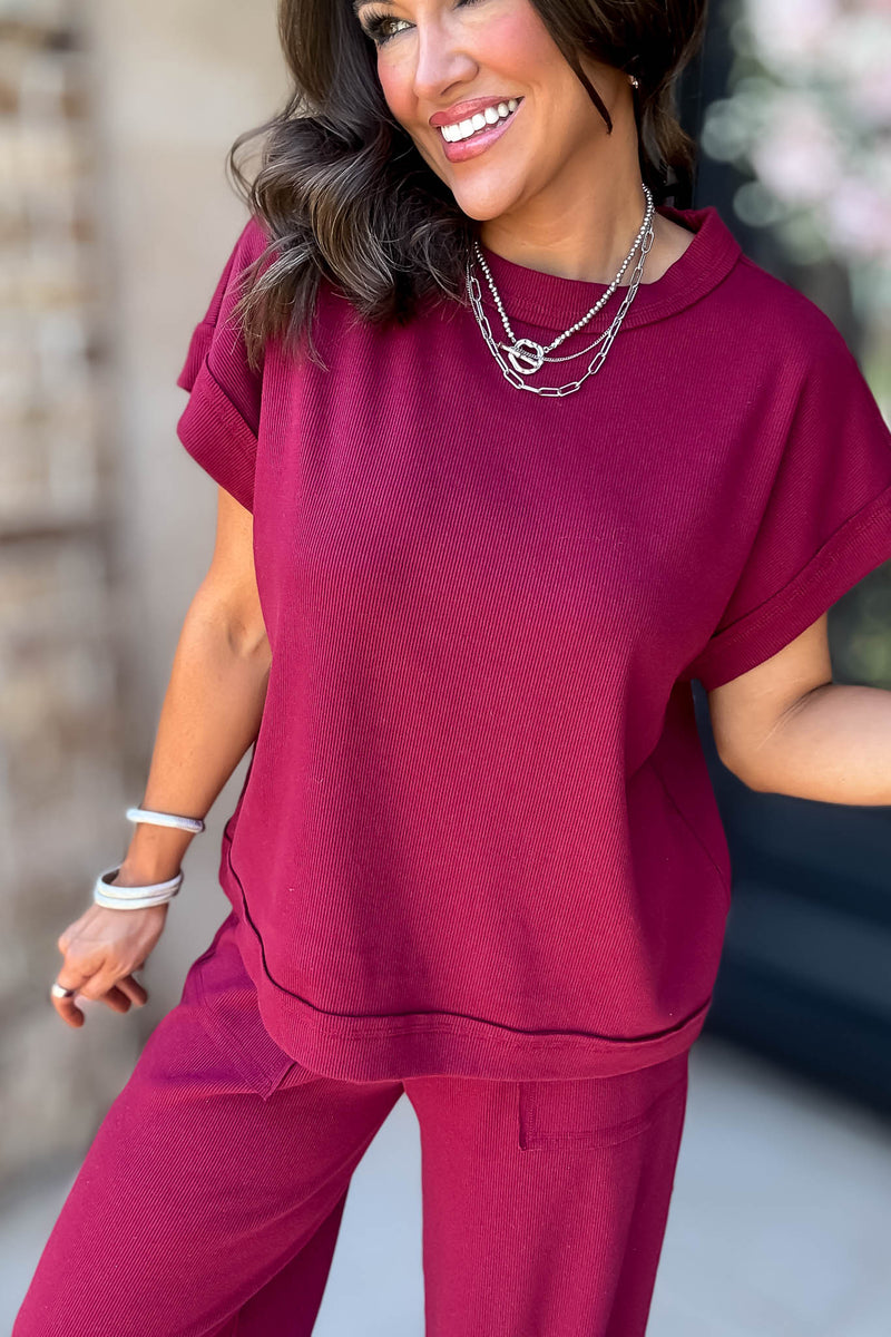 Retreat Cabernet Ribbed Short Sleeve Top