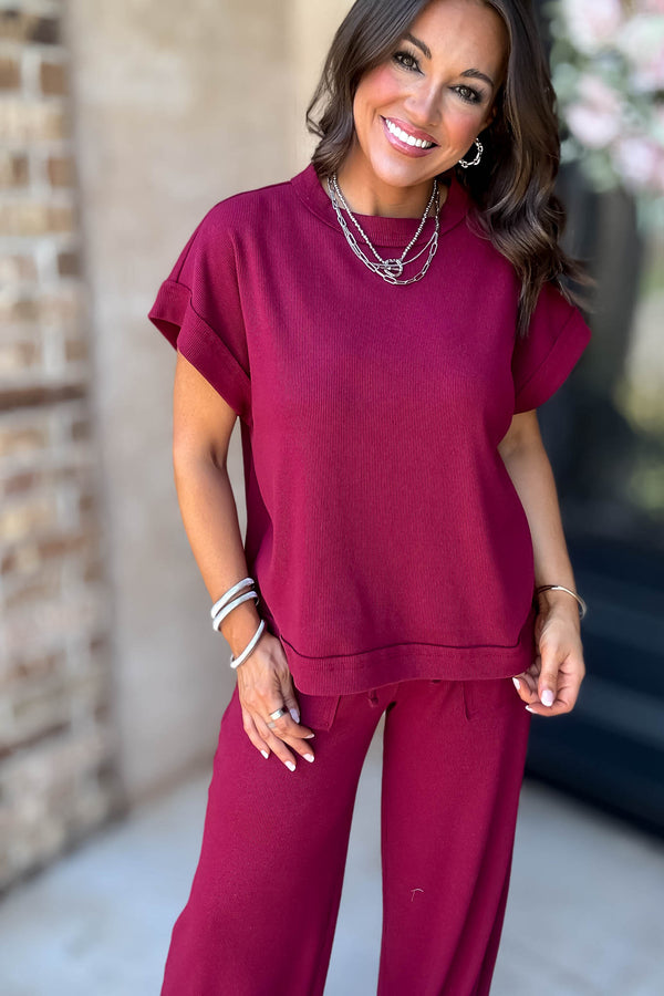 Retreat Cabernet Ribbed Short Sleeve Top