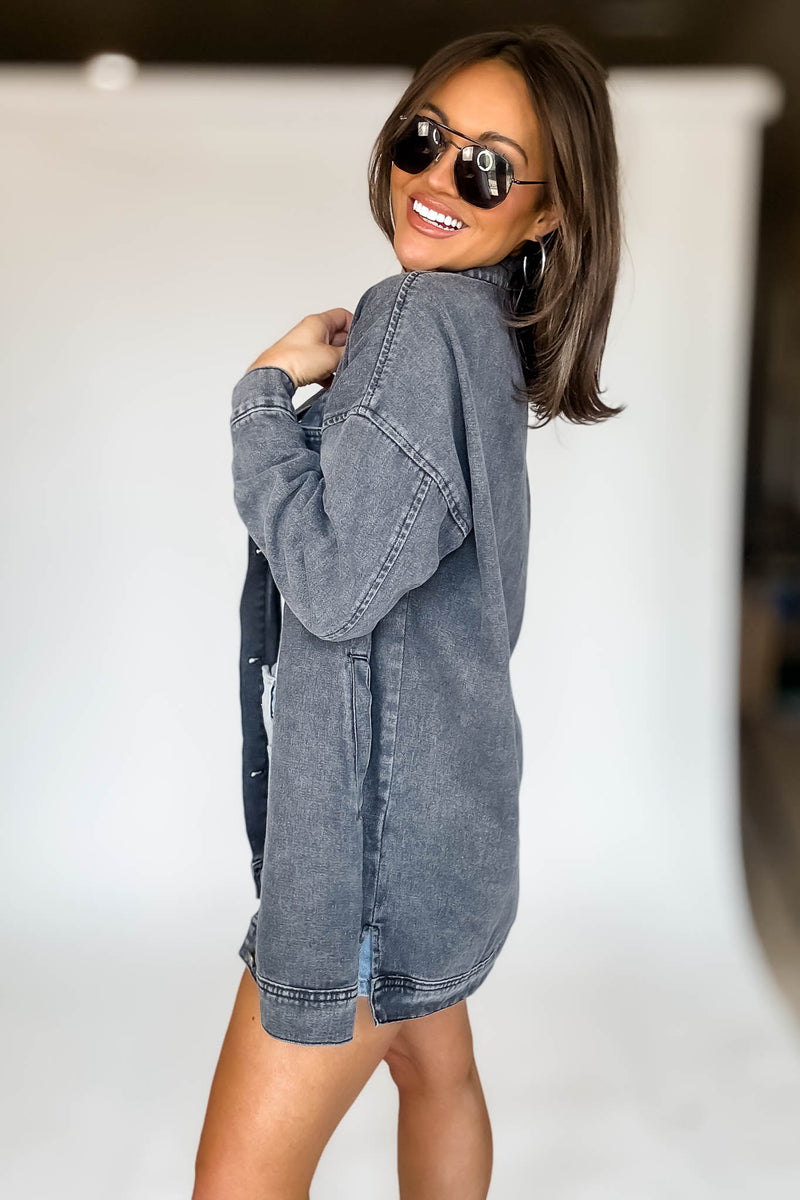 BLACK LONG SLEEVE BUTTON CLOSURE POCKETS DENIM JACKET