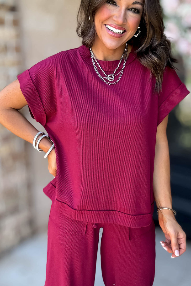 Retreat Cabernet Ribbed Short Sleeve Top