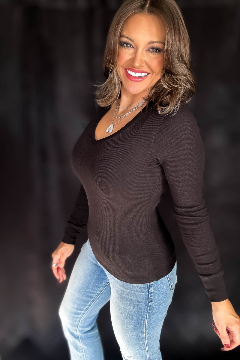 Long Sleeve Black V-Neck Thermal Top