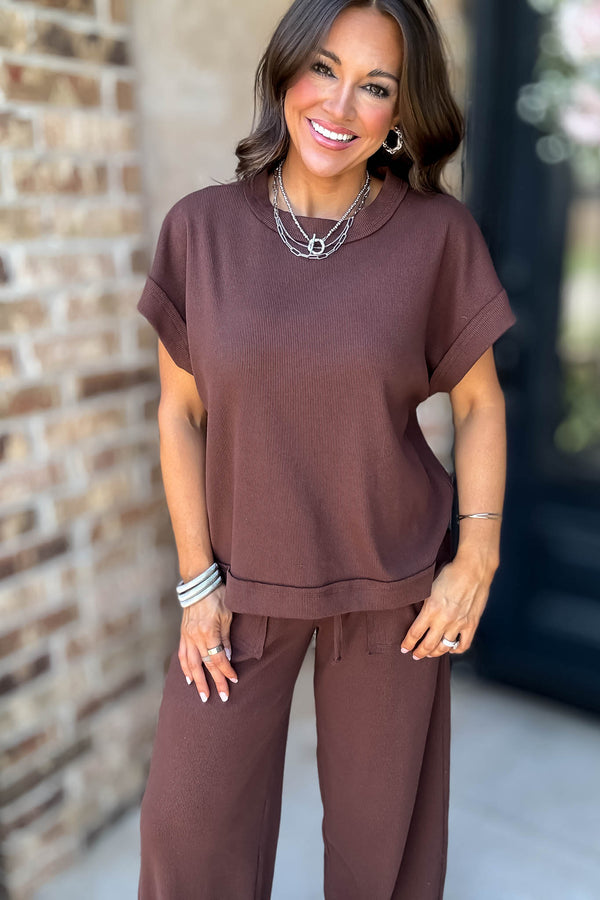 Retreat Brown Ribbed Short Sleeve Top