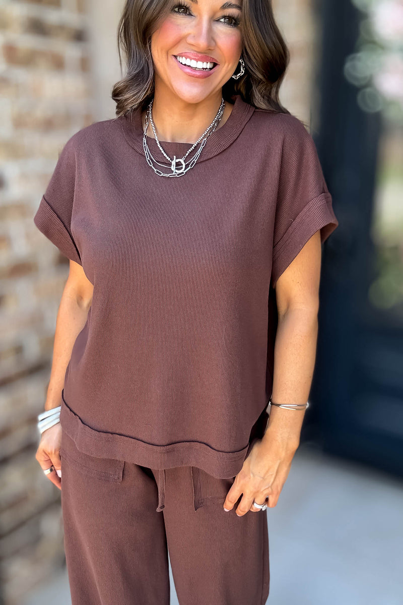Retreat Brown Ribbed Short Sleeve Top