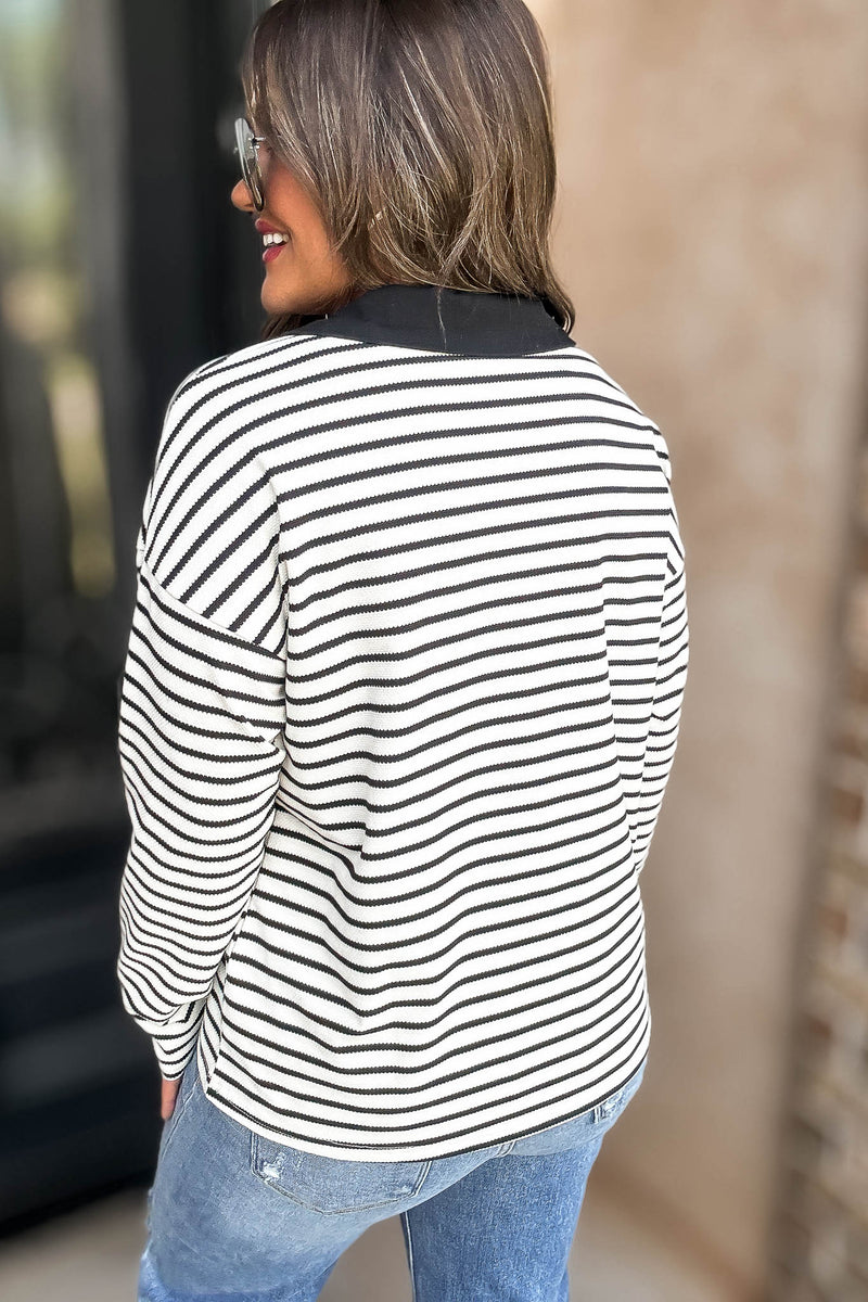 Black Striped Open Collared Neck Top