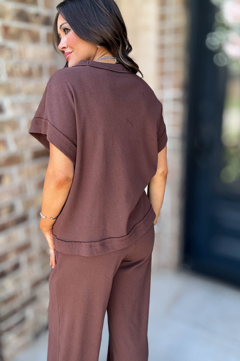 Retreat Brown Ribbed Short Sleeve Top