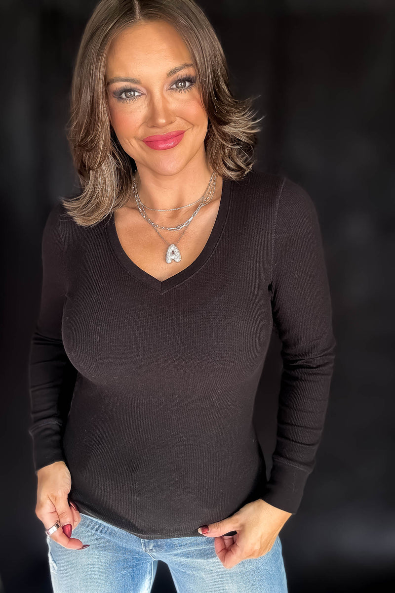 Long Sleeve Black V-Neck Thermal Top