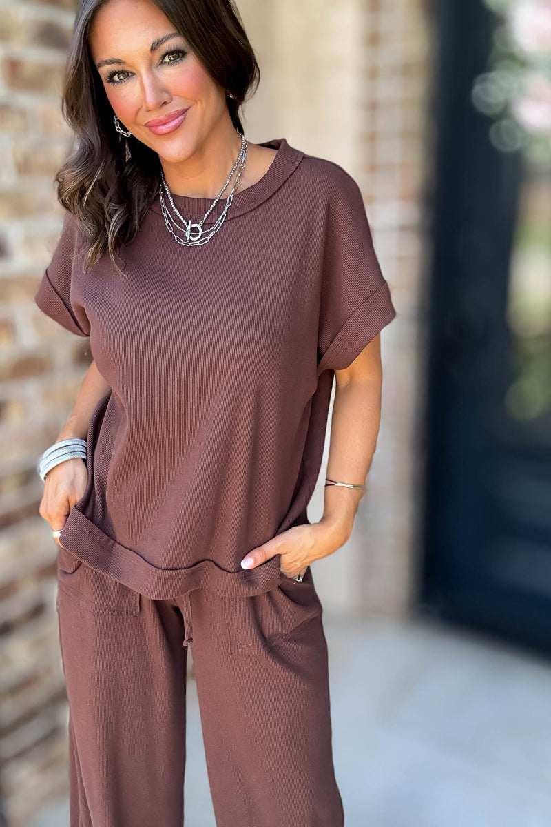 Retreat Brown Ribbed Short Sleeve Top