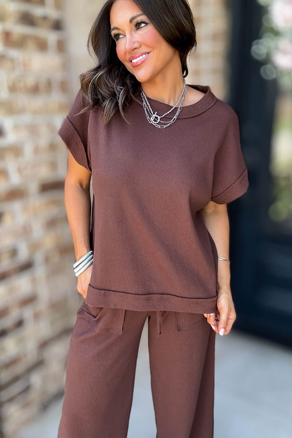 Retreat Brown Ribbed Short Sleeve Top