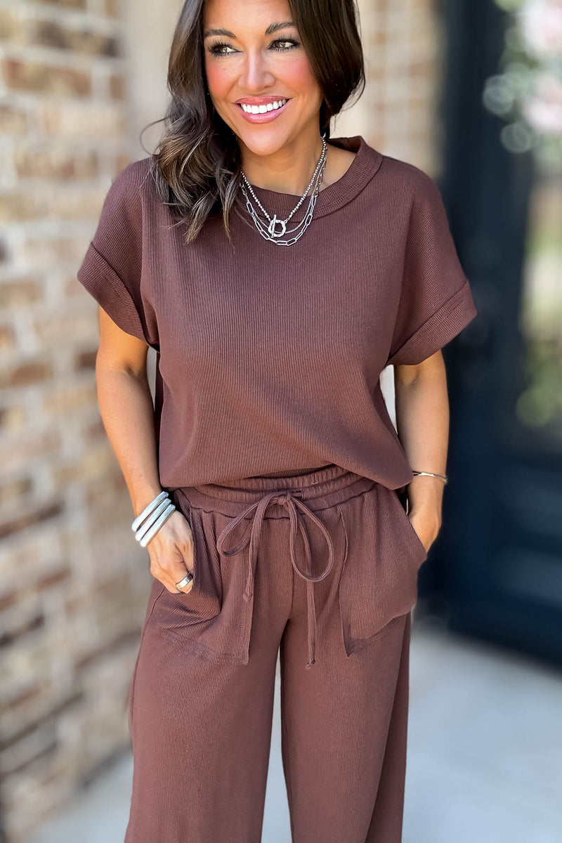 Retreat Brown Ribbed Short Sleeve Top
