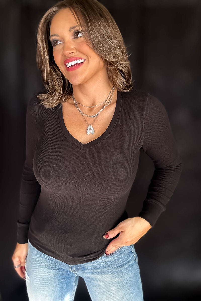 Long Sleeve Black V-Neck Thermal Top