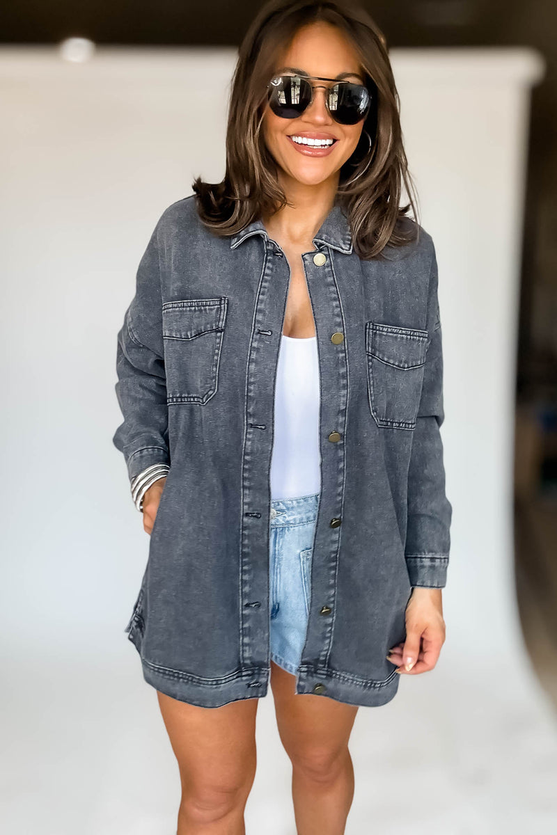 BLACK LONG SLEEVE BUTTON CLOSURE POCKETS DENIM JACKET