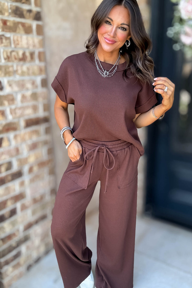 Retreat Brown Ribbed Short Sleeve Top