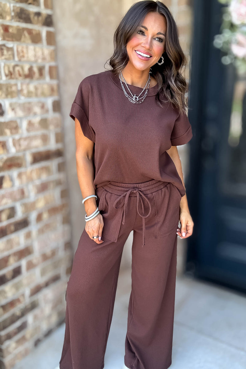 Retreat Brown Ribbed Short Sleeve Top