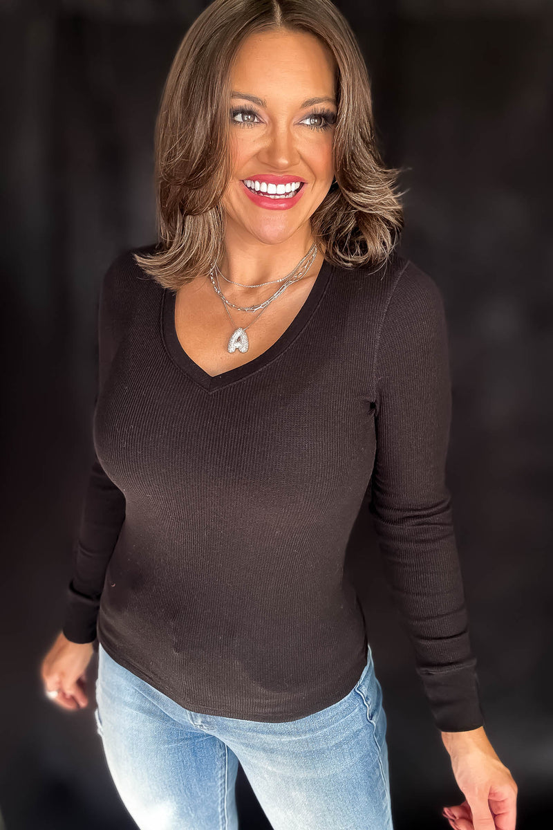 Long Sleeve Black V-Neck Thermal Top