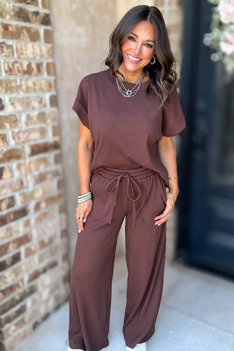 Retreat Brown Ribbed Short Sleeve Top