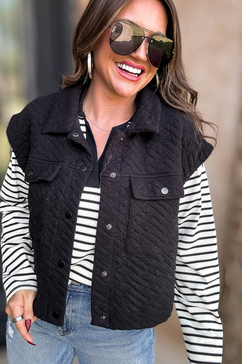Black Quilted Point Collar Flap Patched Pocket Vest
