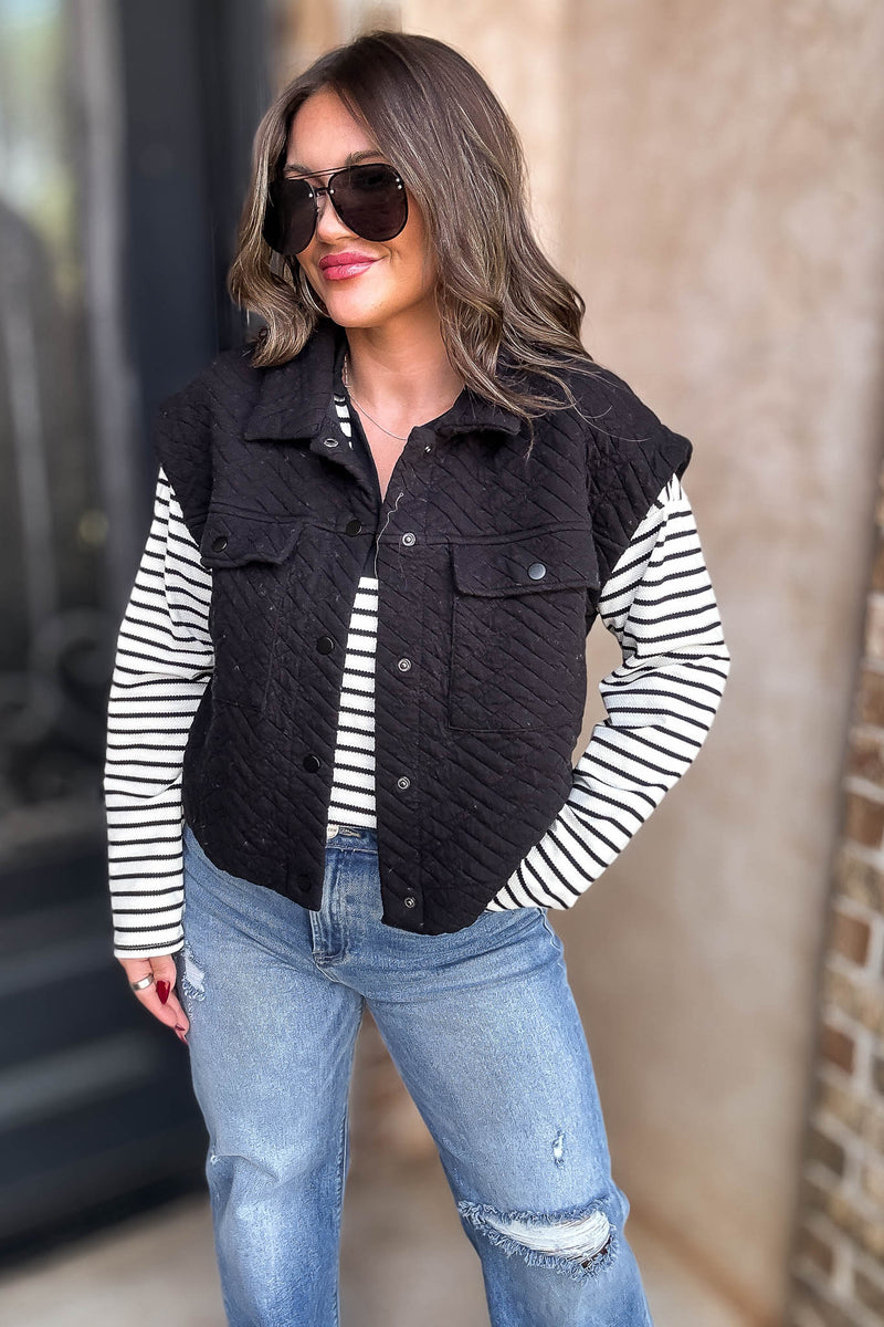 Black Quilted Point Collar Flap Patched Pocket Vest