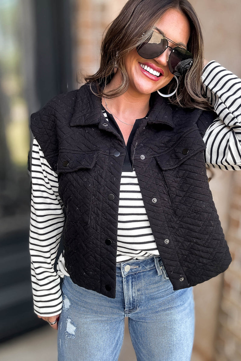 Black Quilted Point Collar Flap Patched Pocket Vest