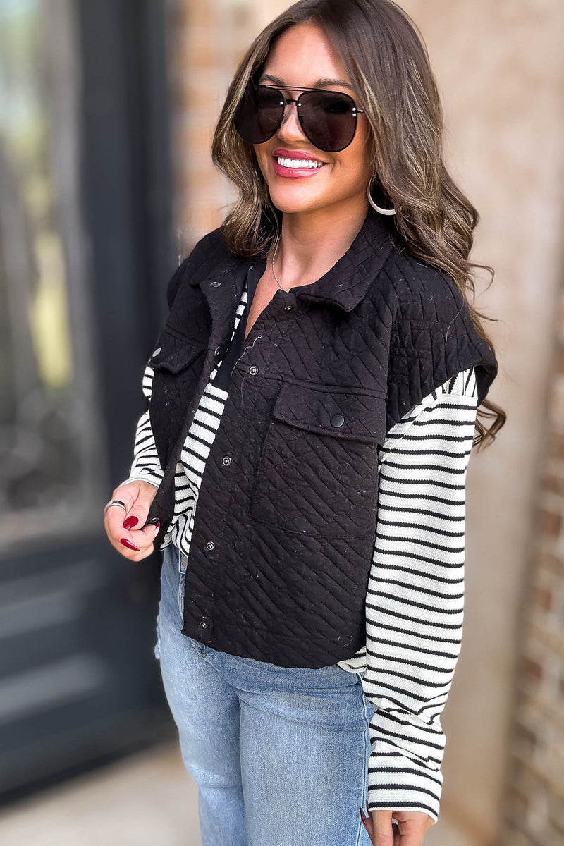 Black Quilted Point Collar Flap Patched Pocket Vest