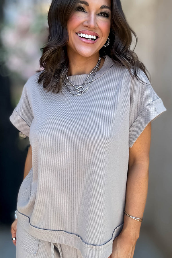 Retreat Ash Mocha Ribbed Short Sleeve Top