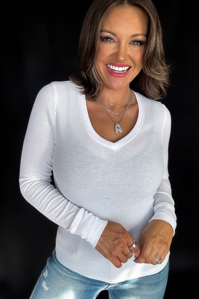Long Sleeve White V-Neck Thermal Top