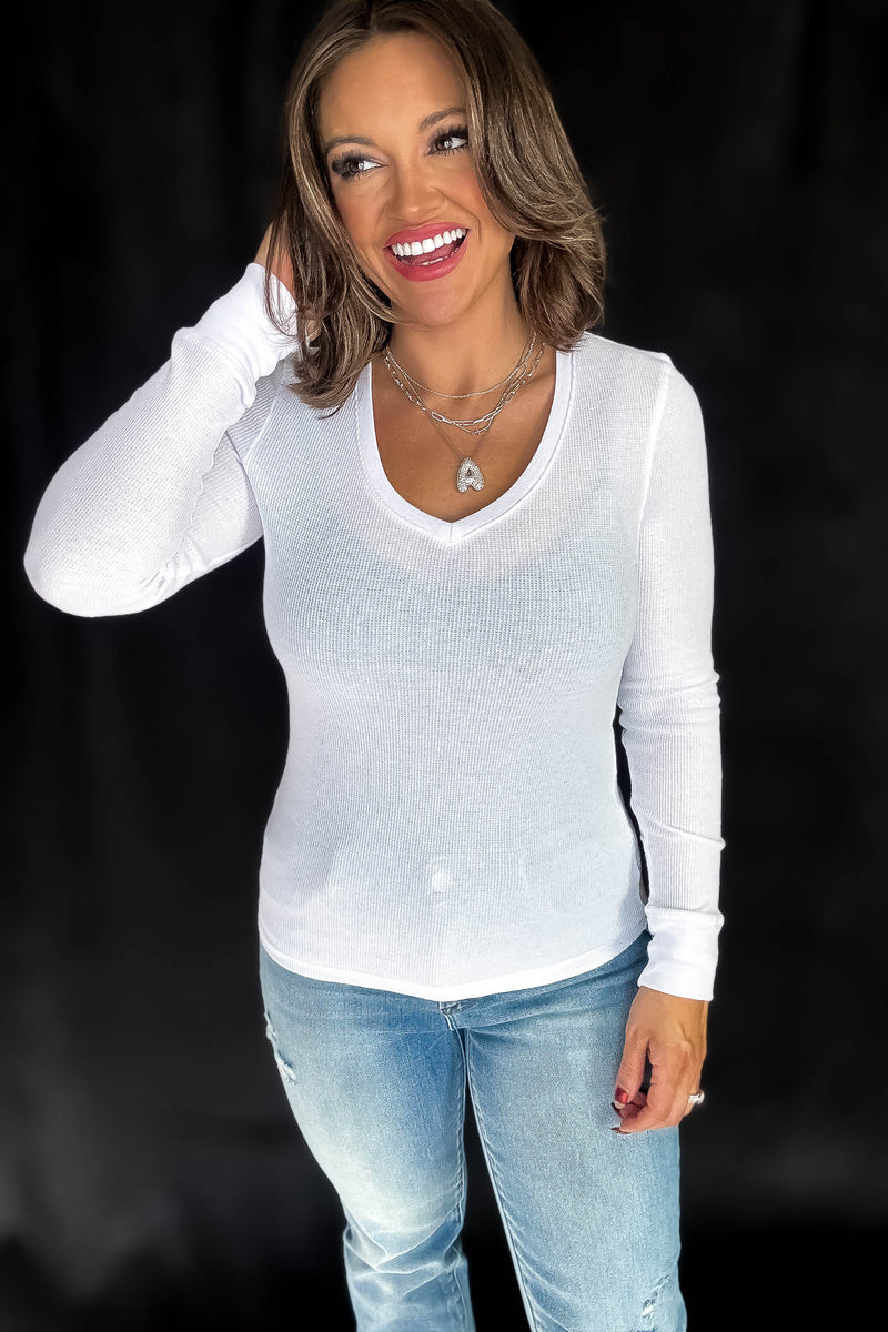 Long Sleeve White V-Neck Thermal Top