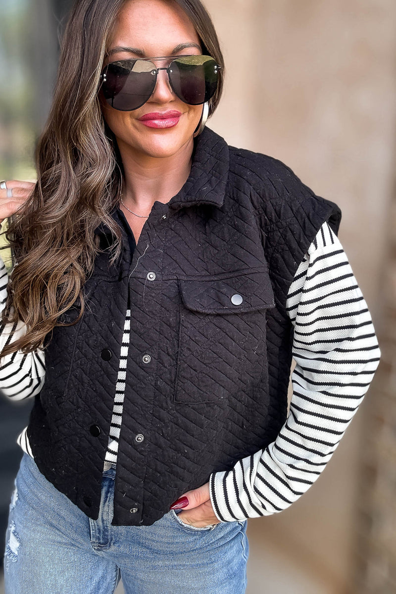 Black Quilted Point Collar Flap Patched Pocket Vest