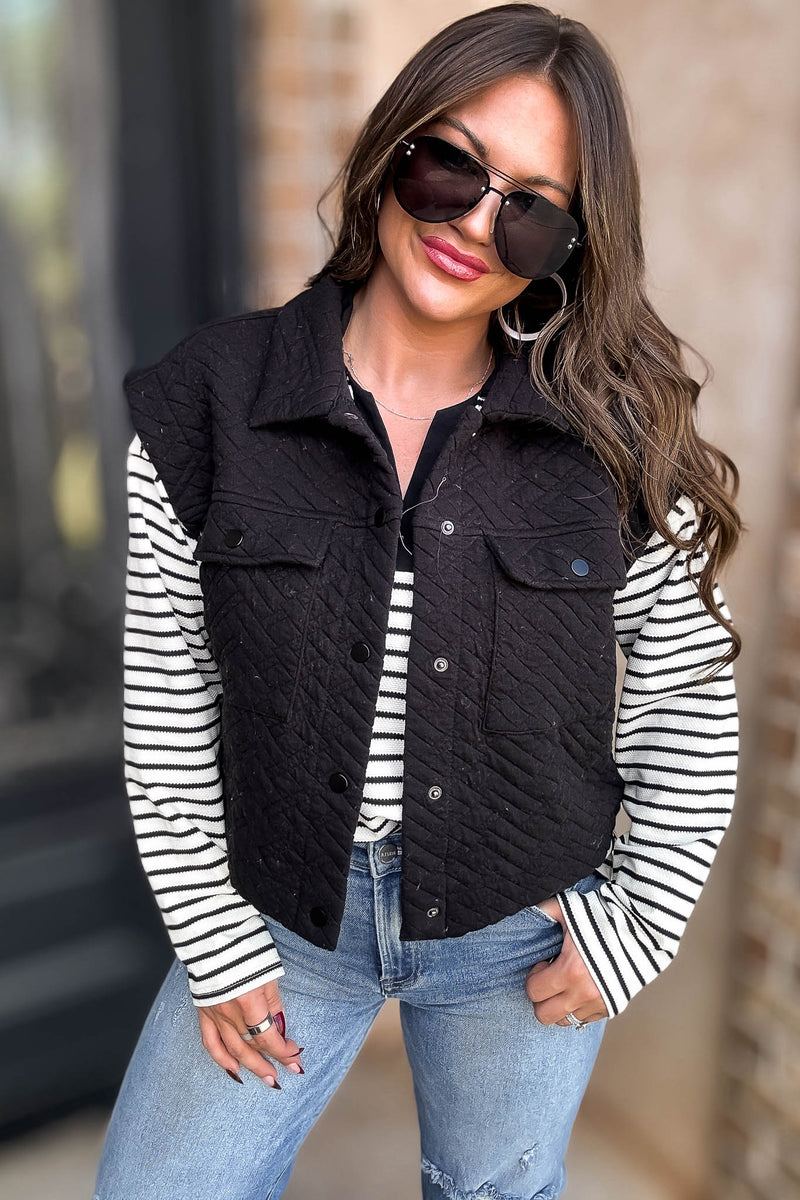 Black Quilted Point Collar Flap Patched Pocket Vest