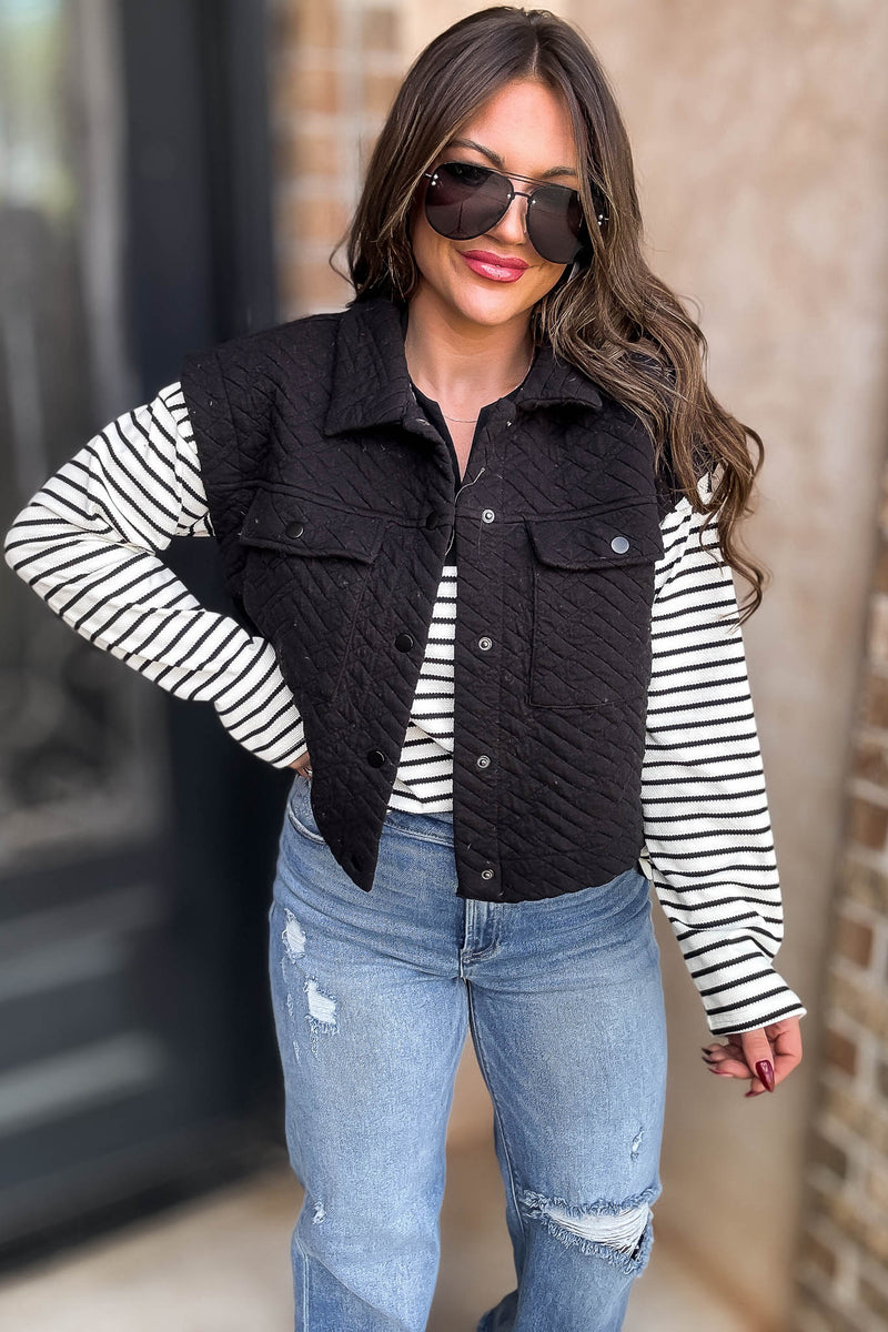 Black Quilted Point Collar Flap Patched Pocket Vest