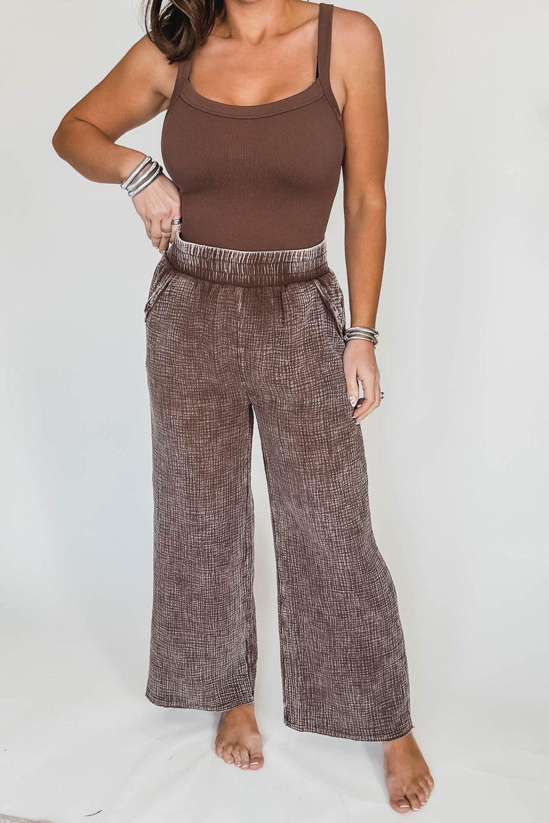Washed Brown Double Gauze Elastic Band Waist Pants