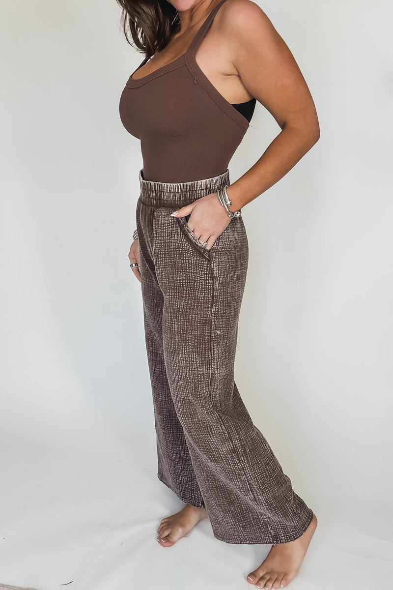 Washed Brown Double Gauze Elastic Band Waist Pants