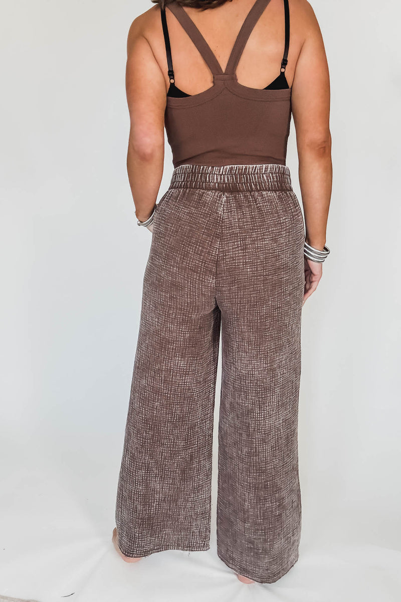 Washed Brown Double Gauze Elastic Band Waist Pants