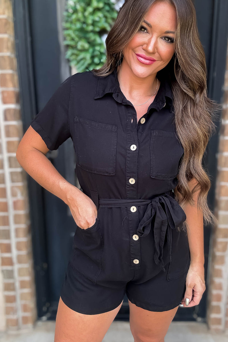 Woven Black Denim Tencel Romper with Waist Tie
