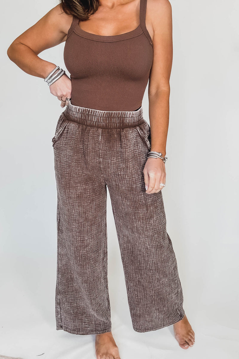 Washed Brown Double Gauze Elastic Band Waist Pants