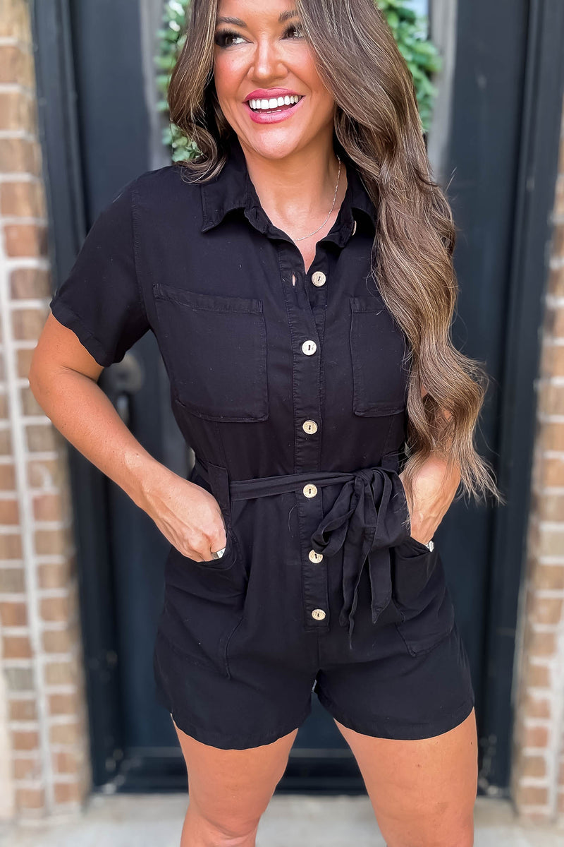 Woven Black Denim Tencel Romper with Waist Tie